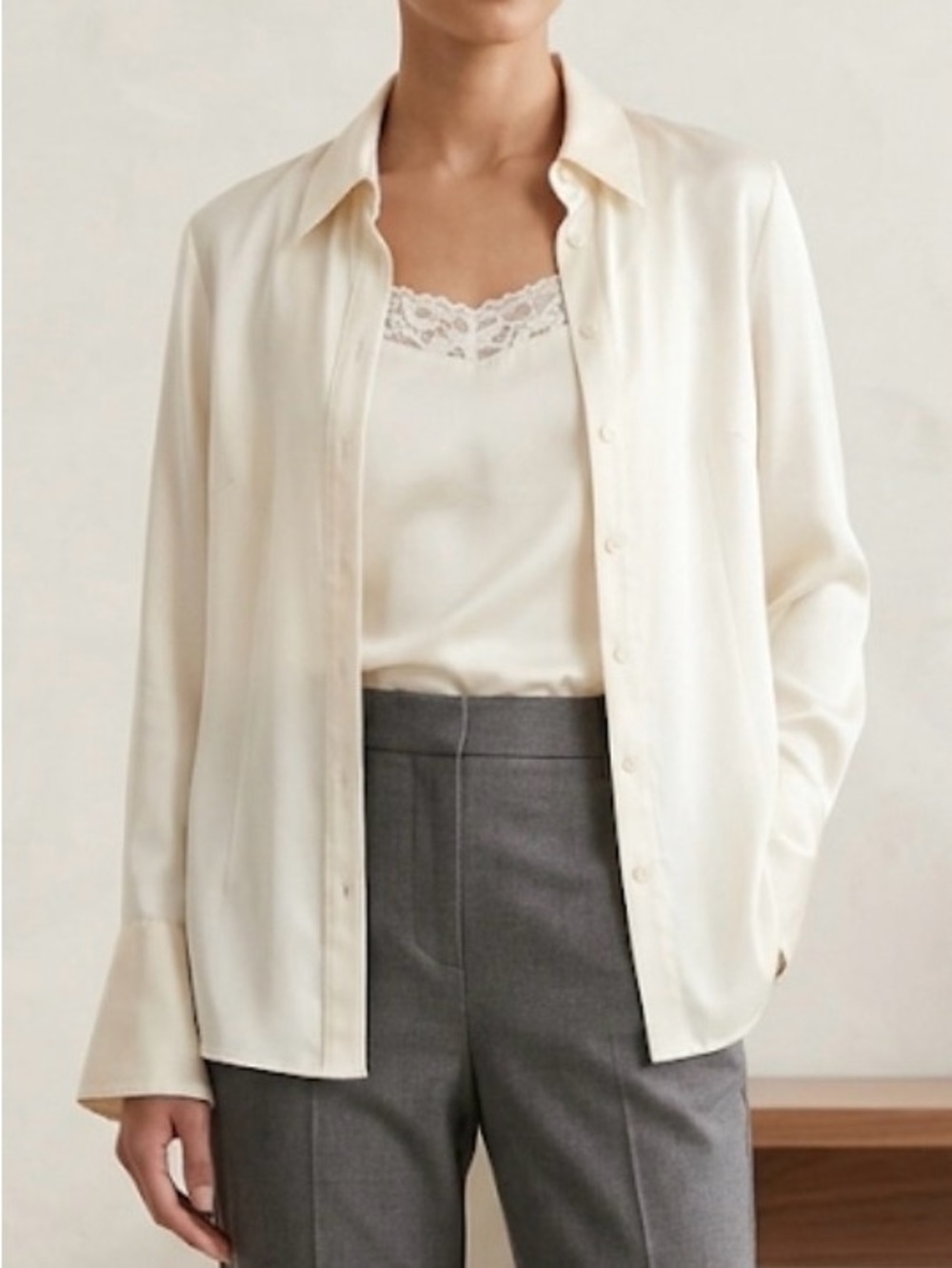 DStudio silk Cream Satin long sleeve tank Blouse Set Sz 4 lace indie‎ formal